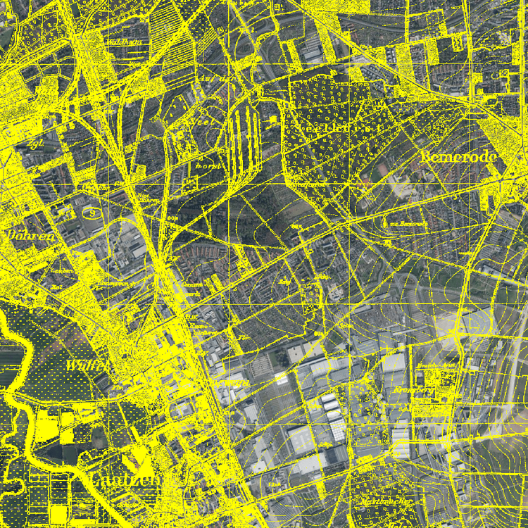 Eine aktuelle Luftbildplankarte (DOP20) mit der vektorisierten Topographischen Karte 1:25.000 von 1924 überlagert.